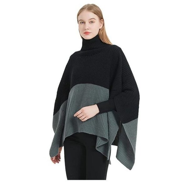 SAVE THE OCEAN colorblock recycled materials women's turtleneck poncho - BLACK - Picture 1 of 6